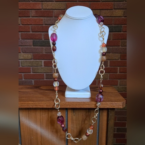 Vintage George Gold Tone and Purple Brown Tan Color Beaded Necklace - Picture 6 of 9